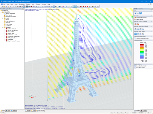 Vettori di velocità dei flussi di vento sul modello della Torre Eiffel in RWIND